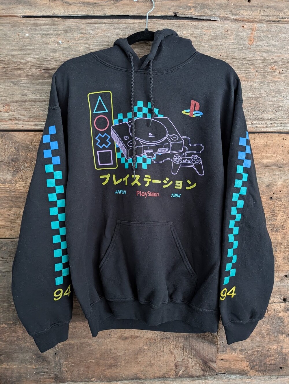 Vintage 90s Sony Playstation Hoodie Sweatshirt Black Japanese Logo Size Medium